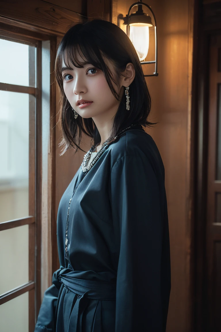 (Highest quality:1.4)，(masterpiece:1.4)，(Realistic:1.4)，(Realistic:1.2)，(超High resolution， RAW Photos:1.4)，(High resolution， Ultra-detailed:1.2)，(8k:1.2)，View your viewers，Cinematic photography，One girl，skeletally correct，Black-haired woman，Woman in her early 20s，(Small earrings，necklace，Polka dot tube top dress)，（Western-style building interior，Dimly lit room，The lamplight shines on my cheeks）