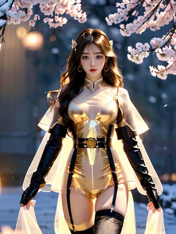 An Asian Chinese female model, Maple leaves background at night, (8K Ultra HD, Digital SLR Camera, Soft Light, high quality, Volumetric Lighting, frank, photo, high resolution, 4K, 8K, Bokeh), (Create stunning images of real girls, warm light, Dynamic poses, Elegant Posture, Cowboy lens, Full body front view, From the front，Be confident, Front of the body facing the camera, Standing posture facing the camera, Open your legs slightly, Golden Ratio Graphics, Minimalism), (Show a charming smile, Willow Leaf Eyebrows, big eyes, Apricot eye prick, Cherry Blossom, Balanced Eyes, Oval face, Pretty Face, Normal facial features, Skin is transparent and visible, Thin skin and tender meat, cosmetic, earrings, bracelet, necklace, Jewelry, veil, Hair accessories), (Brown hair, Wavy curly hairstyle, Waist-length hair, Messy Hairstyle, Gradient hairstyles, Cyberpunk hairstyle), (Transparent clothes：1.5, Beige clothes, Latex clothes，Clear latex tights, Transparent underwear), (Sexy, Perfect breast shape, Teardrop-shaped chest shape, Snow-white breasts, very detailed breasts, 34E cup), (Super high waist clothes, Waist hollow, Levain), (Black buds, Sheer lace knee socks, 吊garter, Leg ring, garter, 腿部garter)