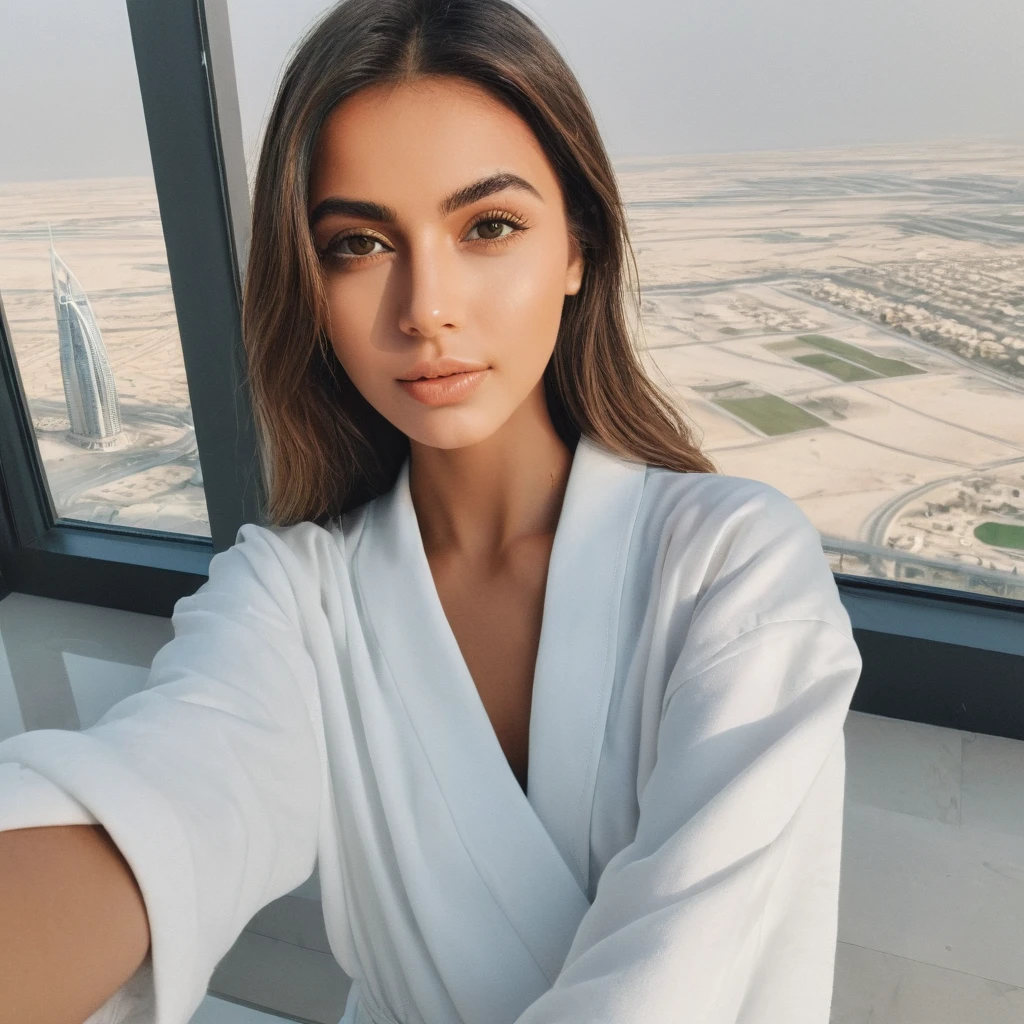 Clean girl aesthetic, selfie, looking at the camera, Dubai's penthouse, trend, instagram influencer,