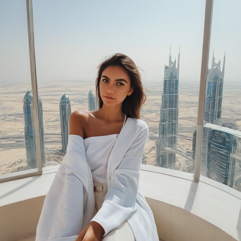 Clean girl aesthetic, selfie, looking at the camera, Dubai's penthouse, trend, instagram influencer,