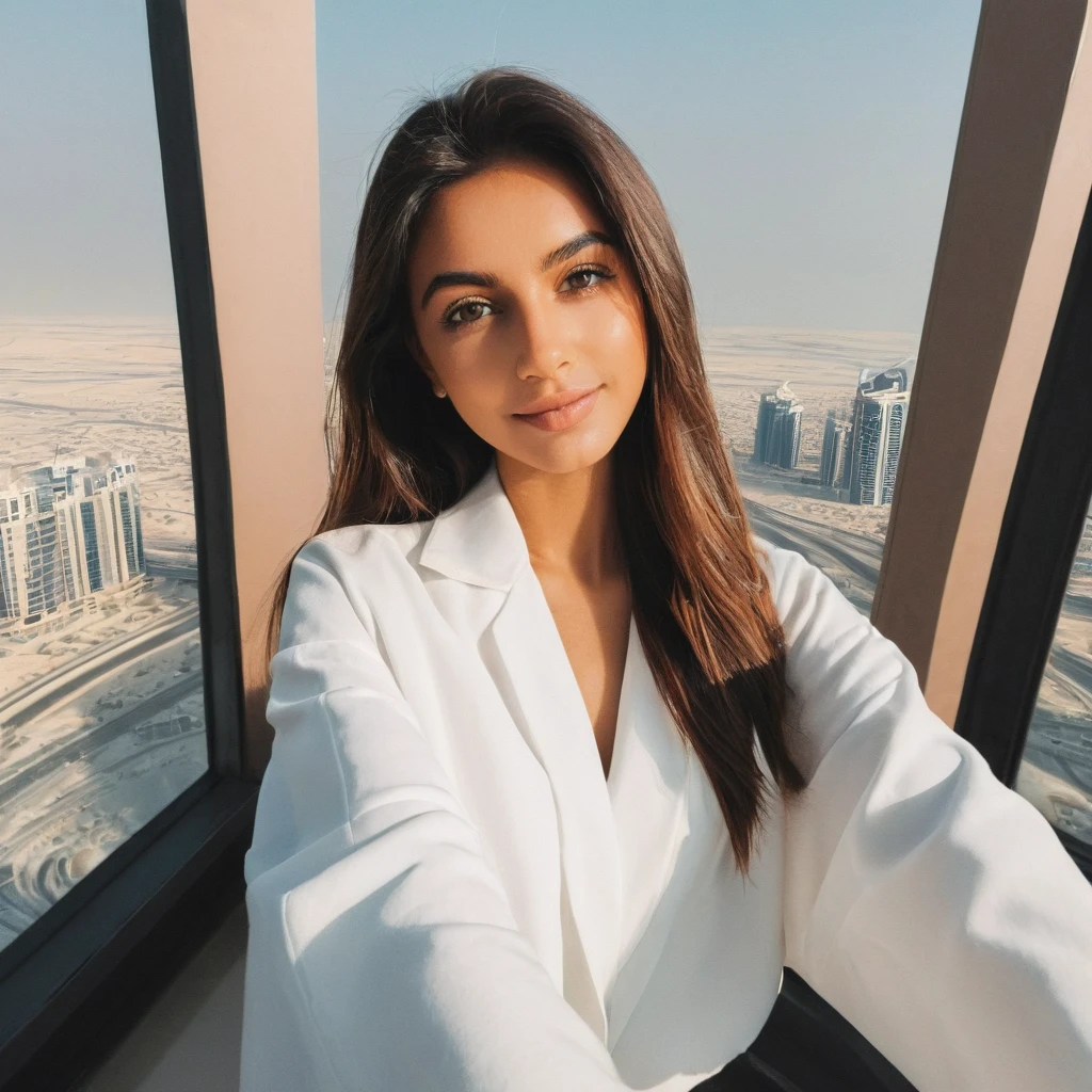 Clean girl aesthetic, selfie, looking at the camera, Dubai's penthouse, trend, instagram influencer,