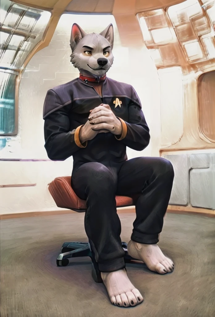 (((Barefoot furry character, full body, cinematic setting, furry male, plantigrade))) 

(((Bolt))) (anthro dog with white fur, very cute and young looking face, big black snout), exudes confidence and authority as he sits in the captain's chair, and his Star Trek DS9 uniform with the Starfleet Delta badge on his chest is a perfect match for his muscular figure. Handsome clawed feet paws dominate the bridge of the star ship and its crew. (((black and grey ds9st uniform with red collar))). ((Bridge of Star Trek starship with many screens and consoles as background)), futuristic look, metalic. anatomically correct, Long black pants, black shirt with gray shoulders, red collar.

BREAK, intricate details, highly detailed, extreme detail, octane render, fine art, best quality, highres, (detailed face:1.5), ((full_body)), UHD, (((perfect hands))), low light