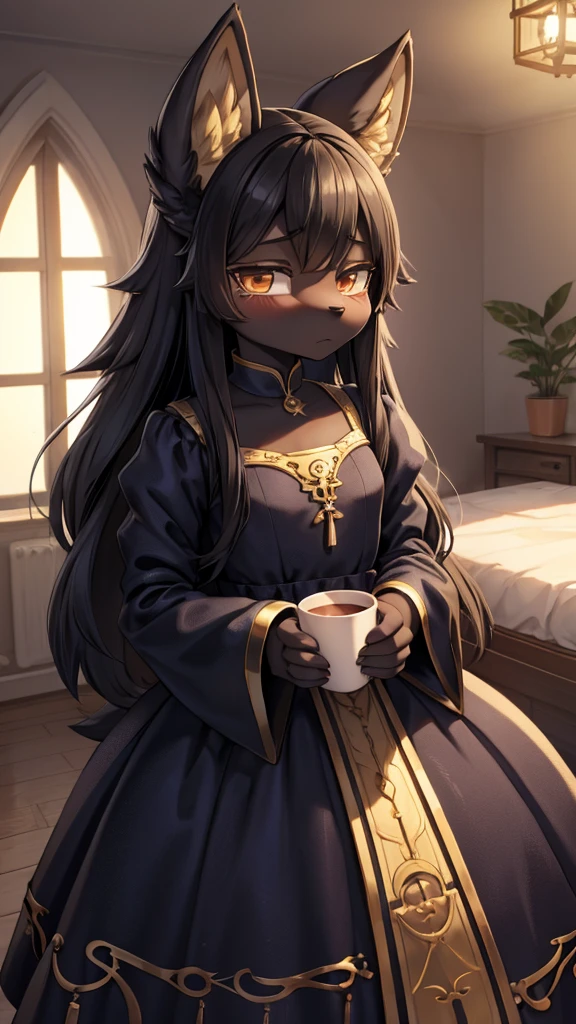 Wolf Girl，Black hair，Dark Skin，Dark skin，全身Black hair，furry，furry，hairy，hairy，cold表情，cold，cold，Three No，Three No女孩，Wolf ears，Wolf Tail，Long hair，Long hair，Indifferent expression，Expression of ignoring，expressionless，Calm expression，No emotion expression，cold，loli，cute，Dress，晚Dress，noble风格，Dress裙，Long sleeve dress，Indoor background，cute，Dress，Close-up above the waist，flat chest，flat chest，a cup，Wolf ears，big ear，Dark Skin，Dark skin，noble，cool girl，Indoor background，Bedroom Background，Stained window glass，Soft Lighting，黑色Dress，Dress，loli，little girl，Wolf Girl，furry，拟人的Wolf Girl，Female wolves，beast