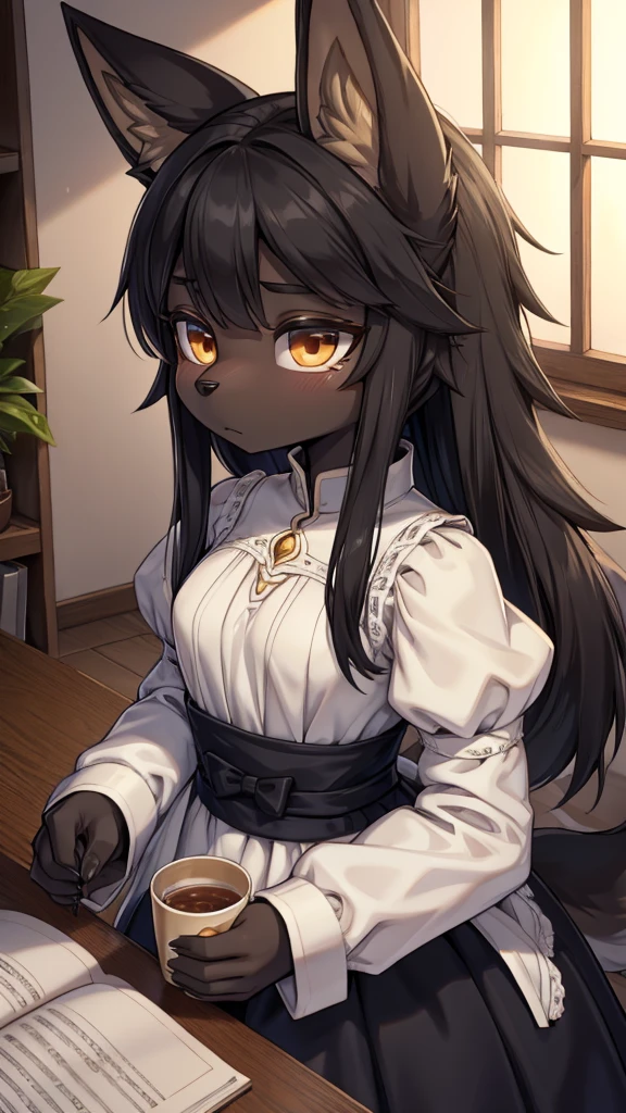 Wolf Girl，Black hair，Dark Skin，Dark skin，全身Black hair，furry，furry，hairy，hairy，cold表情，cold，cold，Three No，Three No女孩，Wolf ears，Wolf Tail，Long hair，Long hair，Indifferent expression，Expression of ignoring，expressionless，Calm expression，No emotion expression，cold，loli，cute，Dress，晚Dress，noble风格，Dress裙，Long sleeve dress，Indoor background，cute，Dress，Close-up above the waist，flat chest，flat chest，a cup，Wolf ears，big ear，Dark Skin，Dark skin，noble，cool girl，Indoor background，Bedroom Background，Stained window glass，Soft Lighting，黑色Dress，Dress，loli，little girl，Wolf Girl，furry，拟人的Wolf Girl，Female wolves，beast