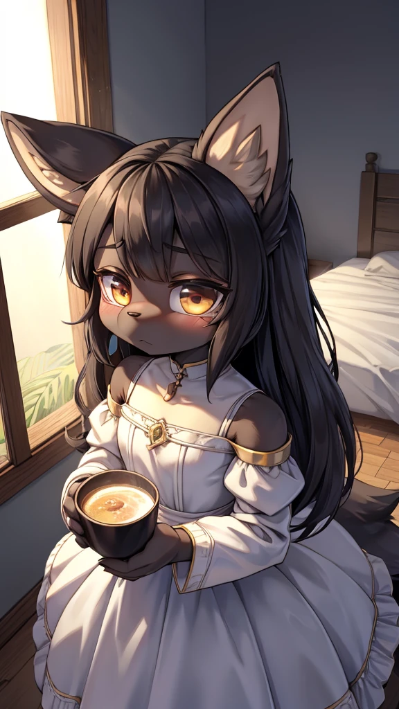 Wolf Girl，Black hair，Dark Skin，Dark skin，全身Black hair，furry，furry，hairy，hairy，cold表情，cold，cold，Three No，Three No女孩，Wolf ears，Wolf Tail，Long hair，Long hair，Indifferent expression，Expression of ignoring，expressionless，Calm expression，No emotion expression，cold，loli，cute，Dress，晚Dress，noble风格，Dress裙，Long sleeve dress，Indoor background，cute，Dress，Close-up above the waist，flat chest，flat chest，a cup，Wolf ears，big ear，Dark Skin，Dark skin，noble，cool girl，Indoor background，Bedroom Background，Stained window glass，Soft Lighting，黑色Dress，Dress，loli，little girl，Wolf Girl，furry，拟人的Wolf Girl，Female wolves，beast