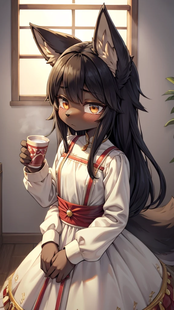 Wolf Girl，Black hair，Dark Skin，Dark skin，全身Black hair，furry，furry，hairy，hairy，cold表情，cold，cold，Three No，Three No女孩，Wolf ears，Wolf Tail，Long hair，Long hair，Indifferent expression，Expression of ignoring，expressionless，Calm expression，No emotion expression，cold，loli，cute，Dress，晚Dress，noble风格，Dress裙，Long sleeve dress，Indoor background，cute，Dress，Close-up above the waist，flat chest，flat chest，a cup，Wolf ears，big ear，Dark Skin，Dark skin，noble，cool girl，Indoor background，Bedroom Background，Stained window glass，Soft Lighting，黑色Dress，Dress，loli，little girl，Wolf Girl，furry，拟人的Wolf Girl，Female wolves，beast