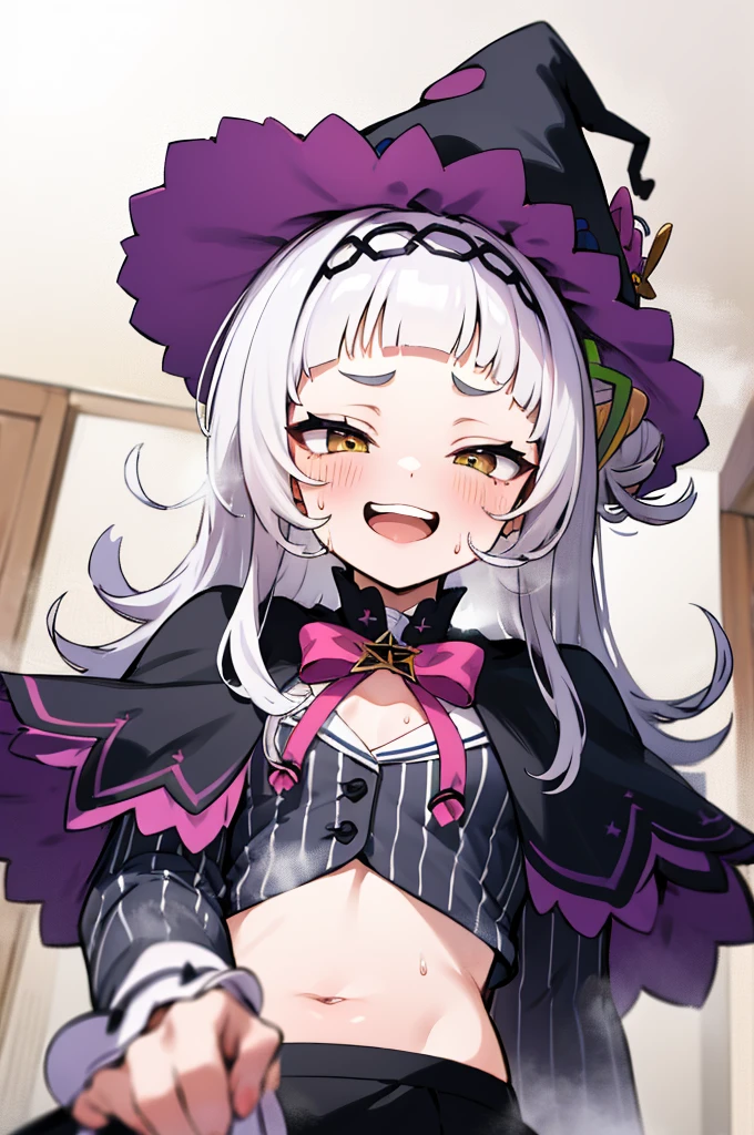 masterpiece, best quality, highres, aashion, 1girl, long hair, (single hair bun:1.1), short eyebrows, small breasts, hairband, witch hat, pink bowtie, black capelet, pinstripe shirt, long sleeves, midriff, black skirt, microskirt, striped thighhighs, aged down,grin, open mouth, from below,(sweating,steaming),my room,looking viewer