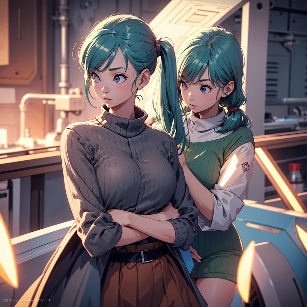 Tetas enormes, Hatsune Miku, chell, ponytail, tank top, clothes around waist, cleaning a portal gun at a workbench, bright morning sunlight shining through window (zrpgstyle) (masterpiece:1.2) (illustration:1.2) (best quality:1.2) (detailed) (intricate) (8k) (HDR) (cinematic lighting) (sharp focus)