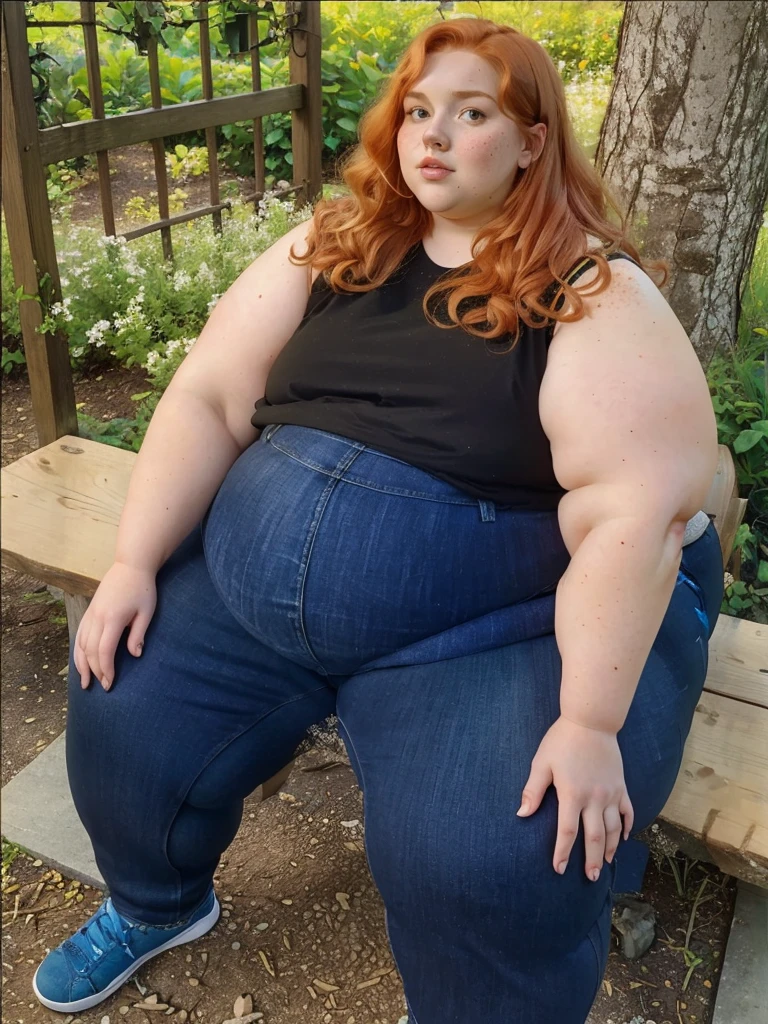 A happy, sidewiev photo of a young redhead ssbbw with long braided ginger hair, very very Huge soft hanging fat belly, very obese legs, very thick fat wide legs and fat arms, huge wide butt, cute pretty face, fat huge breasts in a summer top and jeans