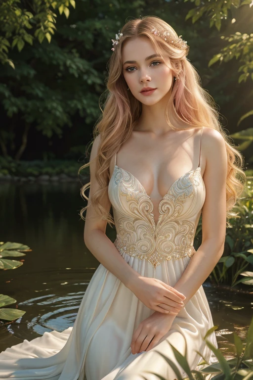 a beautiful goddess of physical beauty, flawless porcelain skin, piercing emerald eyes, full pink lips, long eyelashes, flowing golden hair, elegant swan-like neck, slender graceful figure, flowing white dress, sunlight streaming through a tranquil garden, intricate flower arrangements, sparkling clear pond, lush verdant foliage, serene atmosphere, (best quality,8k,highres,masterpiece:1.2),ultra-detailed,(realistic,photorealistic,photo-realistic:1.37),cinematic lighting,warm color palette,dramatic chiaroscuro,classical portrait painting