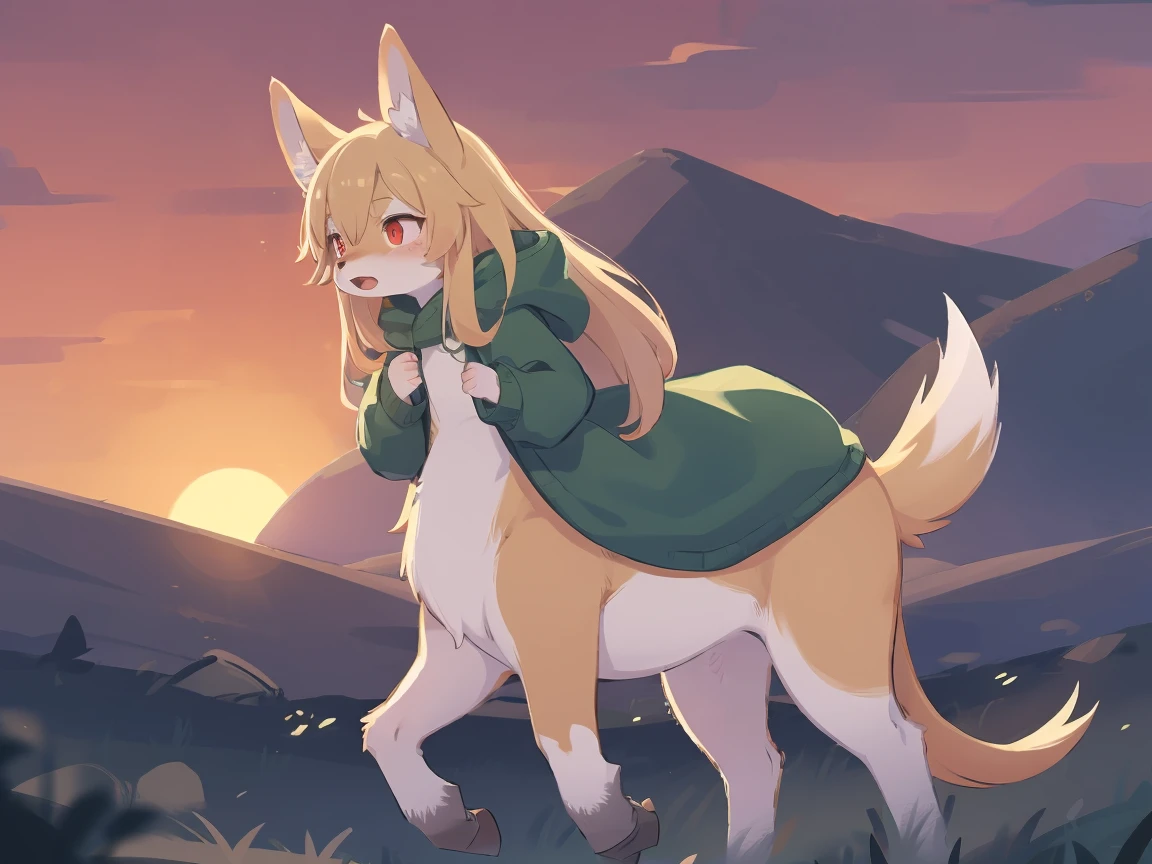 nsfw, 1 female fox, straight long white hair, green cloak, white skirt, riding on donkey,, ambient light, full body, masterpiece, high quality, high-details, best quality,