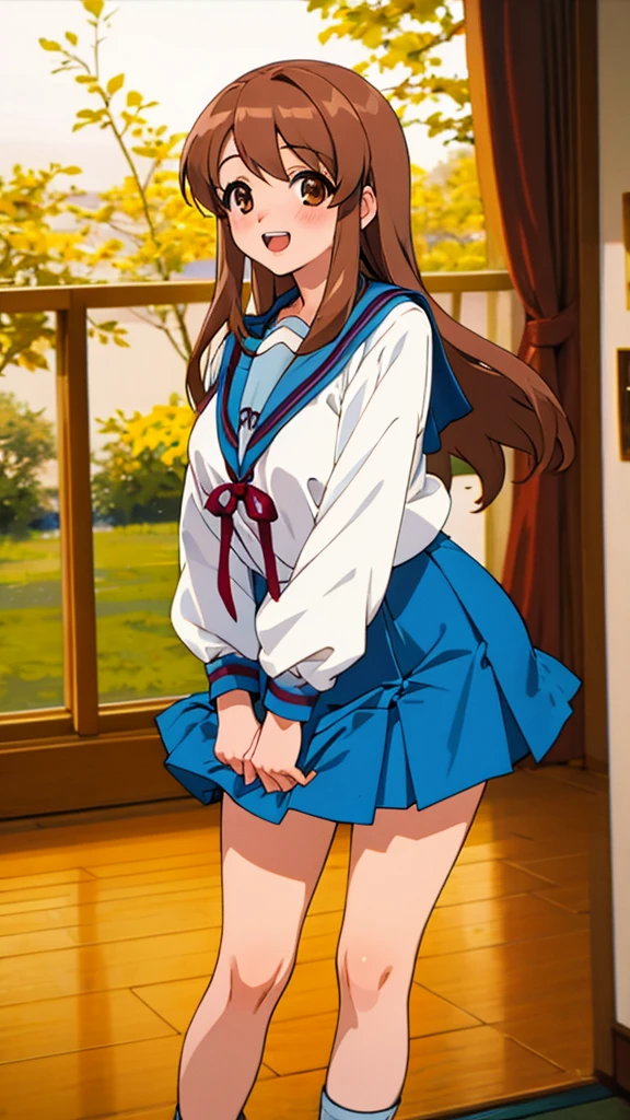 lumen reflections, natural lighting, evocative, triadic color scheme, cowboy shot, elegant, voluptuous:0.6, looking at viewer, 1girl, female, solo, blush, open mouth, smile, teeth, sfw, mikuru1, asahina mikuru, blue sailor collar, blue skirt, brown eyes, brown hair, kita high , long hair, red ribbon, ribbon on collar, sailor collar, , serafuku, loafers, brown loafers, skirt, socks, white socks, short socks