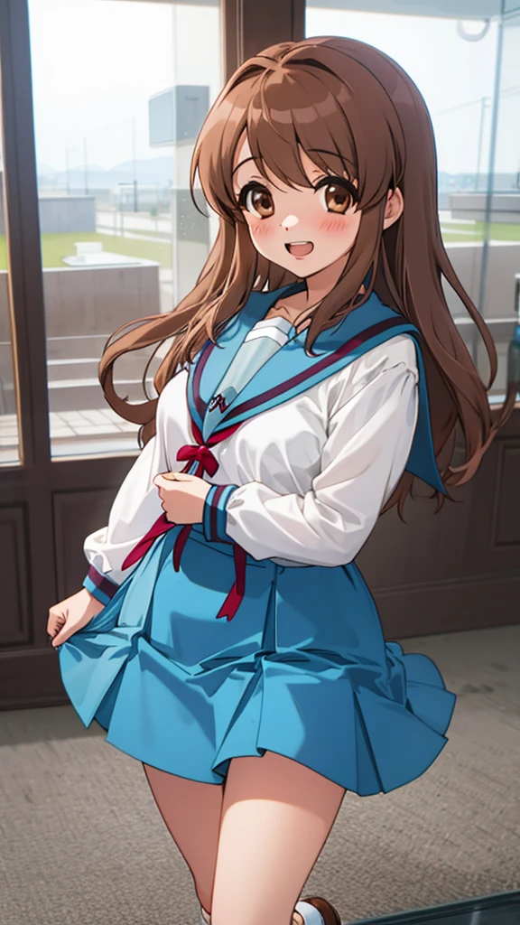 lumen reflections, natural lighting, evocative, triadic color scheme, cowboy shot, elegant, voluptuous:0.6, looking at viewer, 1girl, female, solo, blush, open mouth, smile, teeth, sfw, mikuru1, asahina mikuru, blue sailor collar, blue skirt, brown eyes, brown hair, kita high , long hair, red ribbon, ribbon on collar, sailor collar, , serafuku, loafers, brown loafers, skirt, socks, white socks, short socks