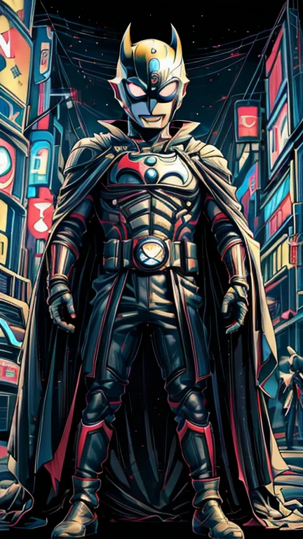 (8k),(masterpiece),(Japanese),(8-year-old boy),((innocent look)),((Childish)),From the front,smile,cute,Innocent,Kind eyes,Flat chest,black helmet,black domino mask, black cape, Batman, short,Black Hair,Strong wind,night,dark, Neon light cyberpunk Tokyo city, allultraman,camisa