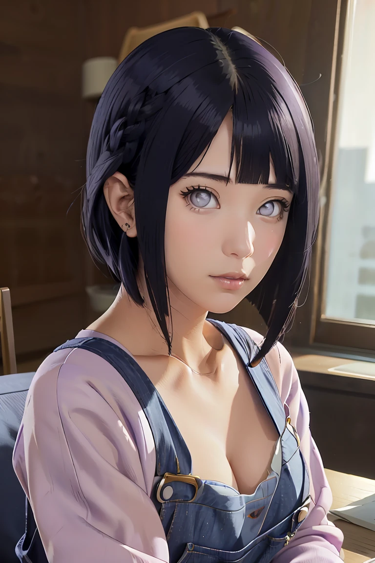 masterpiece， best quality， ultra-detailed， illustration，1girl，
， dark-blue hair， french braid， Purple eye， blunt bangs， cleavage,
shirt，（jeans overalls1.1），purple sweater
medium breasts， 
looking at viewer，hyuga/（Boruto/），Detailed lips