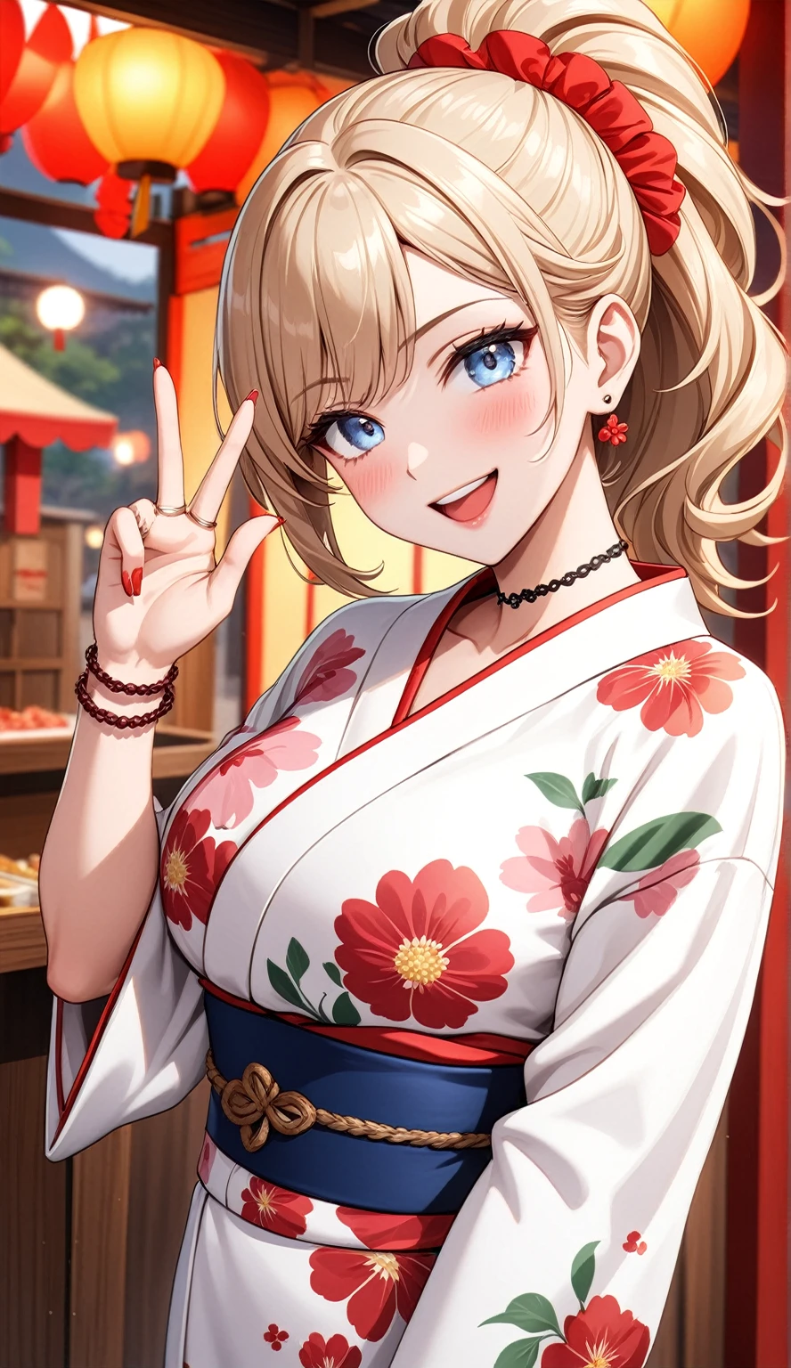 1girl,solo,super detailed skin,shiny skin,natural smile ,eyelashes,lips gloss,blonde hair, hime cut,blunt bangs,short hair ,large breasts ,floral printed yukata,countryside ,masterpiece,best quality,ultra detailed,high resolution,sharp focus,depth of field
