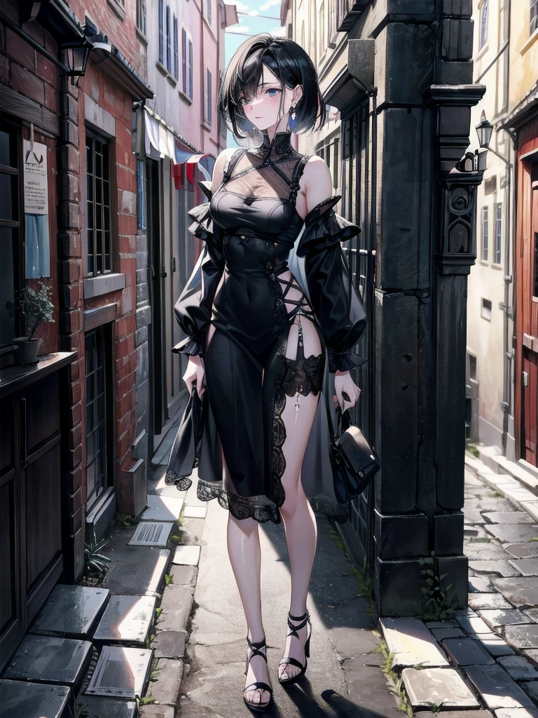 full body, delicate facial features, medium tits, medium hair, black hair, tearful mole, earring, dress, cleavage, street,
