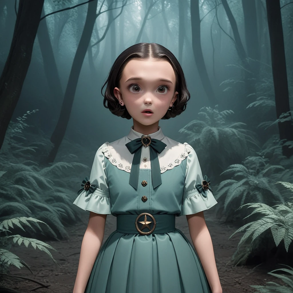 milli3 woman, millie bobby brown, netflix series, eleven, in a dark forest, front view, forest, horror