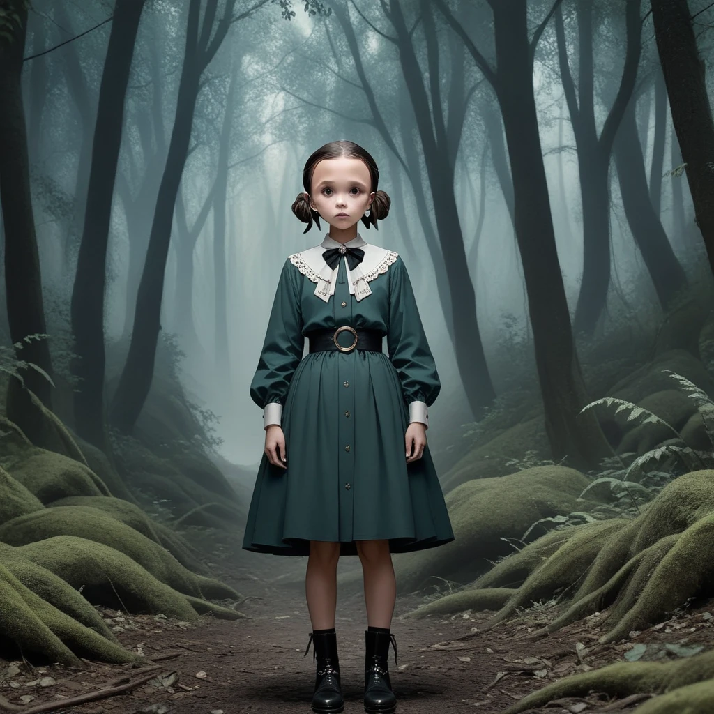 milli3 woman, millie bobby brown, netflix series, eleven, in a dark forest, front view, forest, horror