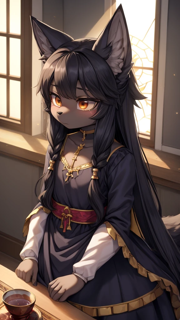 Wolf Girl，Black hair，Dark Skin，Dark skin，全身Black hair，furry，furry，hairy，hairy，cold表情，cold，cold，Three No，Three No女孩，Wolf ears，Wolf Tail，Long hair，Long hair，Indifferent expression，Expression of ignoring，expressionless，Calm expression，No emotion expression，cold，****，cute，Dress，晚Dress，noble风格，Dress裙，Long sleeve dress，Indoor background，cute，Dress，Close-up above the waist，flat chest，flat chest，a cup，Wolf ears，big ear，Dark Skin，Dark skin，noble，cool girl，Indoor background，Bedroom Background，Stained window glass，Soft Lighting，黑色Dress，Dress，****，***********，Wolf Girl，furry，拟人的Wolf Girl，Female wolves，beast