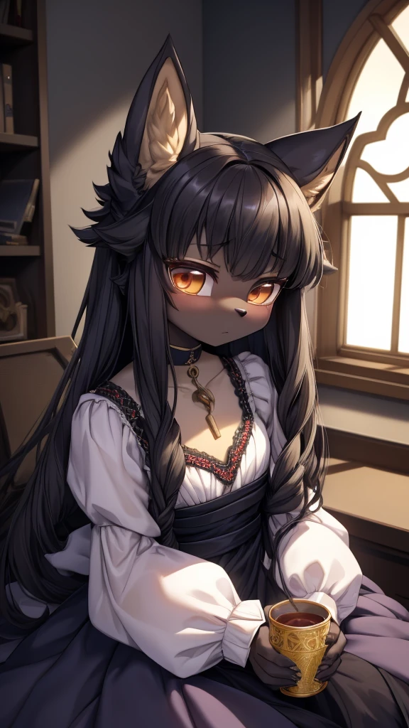 Wolf Girl，Black hair，Dark Skin，Dark skin，全身Black hair，furry，furry，hairy，hairy，cold表情，cold，cold，Three No，Three No女孩，Wolf ears，Wolf Tail，Long hair，Long hair，Indifferent expression，Expression of ignoring，expressionless，Calm expression，No emotion expression，cold，loli，cute，Dress，晚Dress，noble风格，Dress裙，Long sleeve dress，Indoor background，cute，Dress，Close-up above the waist，flat chest，flat chest，a cup，Wolf ears，big ear，Dark Skin，Dark skin，noble，cool girl，Indoor background，Bedroom Background，Stained window glass，Soft Lighting，黑色Dress，Dress，loli，little girl，Wolf Girl，furry，拟人的Wolf Girl，Female wolves，beast