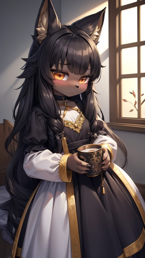 Wolf Girl，Black hair，Dark Skin，Dark skin，全身Black hair，furry，furry，hairy，hairy，cold表情，cold，cold，Three No，Three No女孩，Wolf ears，Wolf Tail，Long hair，Long hair，Indifferent expression，Expression of ignoring，expressionless，Calm expression，No emotion expression，cold，loli，cute，Dress，晚Dress，noble风格，Dress裙，Long sleeve dress，Indoor background，cute，Dress，Close-up above the waist，flat chest，flat chest，a cup，Wolf ears，big ear，Dark Skin，Dark skin，noble，cool girl，Indoor background，Bedroom Background，Stained window glass，Soft Lighting，黑色Dress，Dress，loli，little girl，Wolf Girl，furry，拟人的Wolf Girl，Female wolves，beast