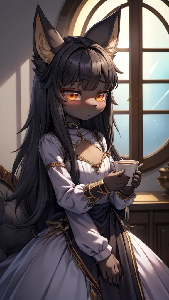 Wolf Girl，Black hair，Dark Skin，Dark skin，全身Black hair，furry，furry，hairy，hairy，cold表情，cold，cold，Three No，Three No女孩，Wolf ears，Wolf Tail，Long hair，Long hair，Indifferent expression，Expression of ignoring，expressionless，Calm expression，No emotion expression，cold，loli，cute，Dress，晚Dress，noble风格，Dress裙，Long sleeve dress，Indoor background，cute，Dress，Close-up above the waist，flat chest，flat chest，a cup，Wolf ears，big ear，Dark Skin，Dark skin，noble，cool girl，Indoor background，Bedroom Background，Stained window glass，Soft Lighting，黑色Dress，Dress，loli，little girl，Wolf Girl，furry，拟人的Wolf Girl，Female wolves，beast