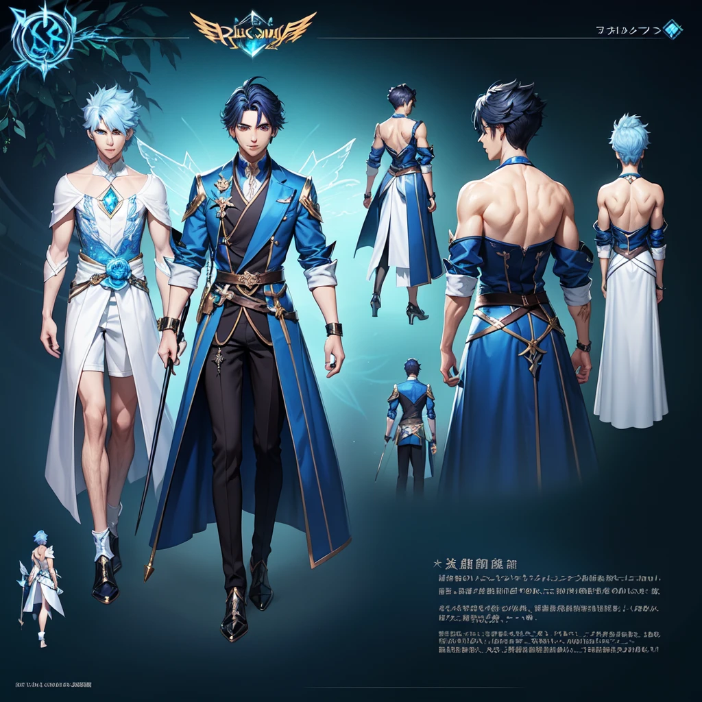 (Masterpiece, best quality), detailed, 1 man, ((character concept art)), ((character design sheet, same character, front, side, back)), full body, body complete, 1 Male angel, 1 Man angel, Detailed face, character design sheet,full bodyesbian, Highly detailed, character sheet, character design, Many parts, dark skin, angel wings, short blue hair, angel outfit, muscle male god, male clothes, masculine, muscle man, male muscle, manly, male angel, Muscle male with short blue hair,beautiful man, beautiful muscle man