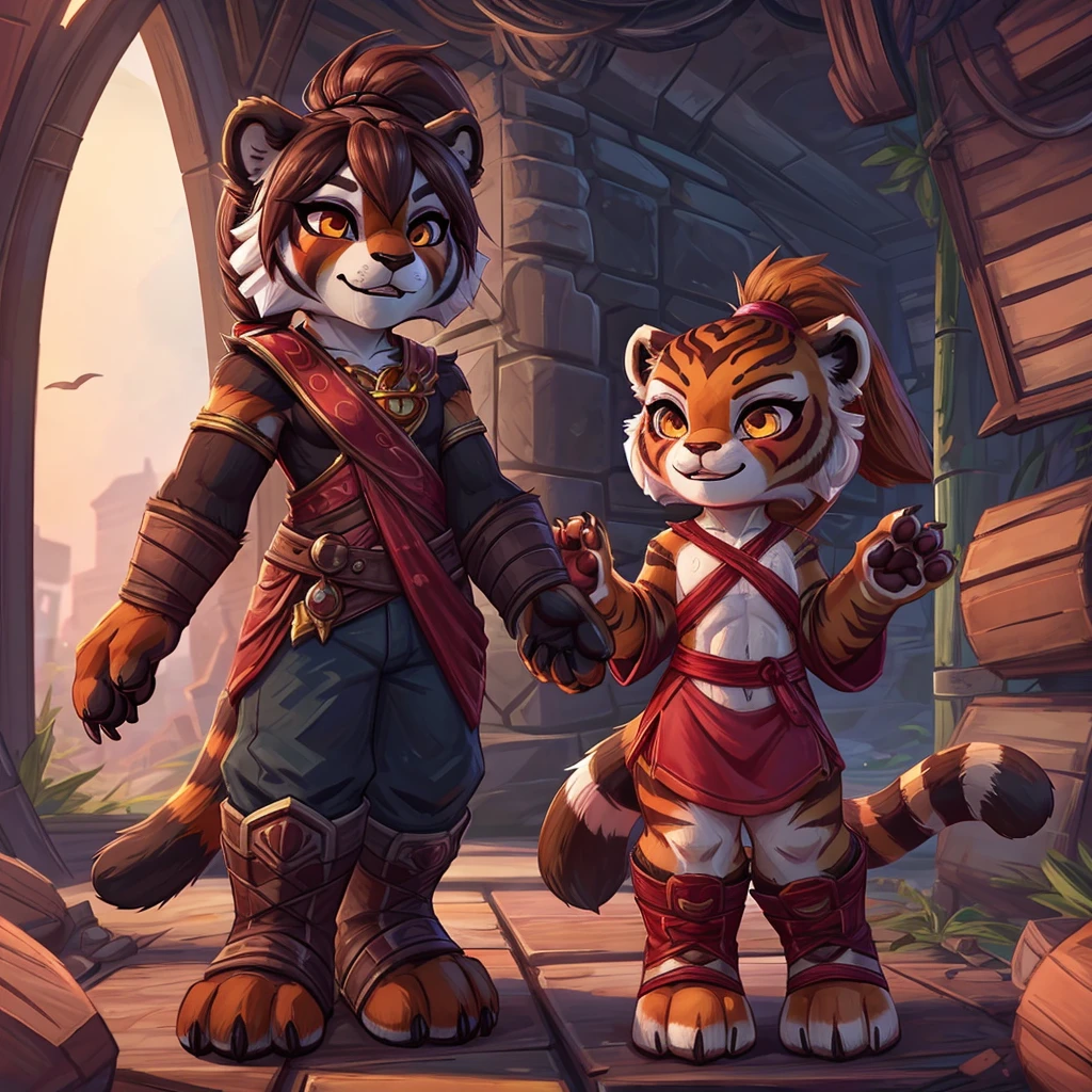 (4fingers), small_round_ears, small_panda_ears, pandaren, world_of_warcraft, furry, anthropomorphic, fluffy_tail, foxtail, cfemale, claws, red_panda, tiger_stripes, tiger_face, flat_chested, teen, teenager, amber_eyes, (pupils), (tiger_legs), black_left_foot, white_right_foot, (four_fingers), waist_long_ponytail, brown_hair, ((three_toes)), ((3toes)), ((detailed_eyes)), ((detailed_face)), detailed_hands, simple clothes, simple outfits, shirt, pants, boots, couple, height difference, civilian clothing,