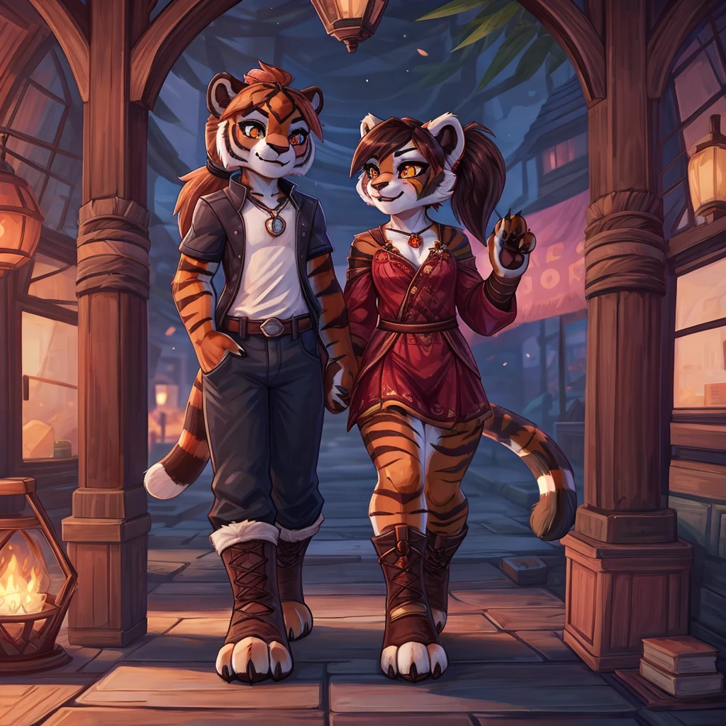 (4fingers), small_round_ears, small_panda_ears, pandaren, world_of_warcraft, furry, anthropomorphic, fluffy_tail, foxtail, cfemale, claws, red_panda, tiger_stripes, tiger_face, flat_chested, teen, teenager, amber_eyes, (pupils), (tiger_legs), black_left_foot, white_right_foot, (four_fingers), waist_long_ponytail, brown_hair, ((three_toes)), ((3toes)), ((detailed_eyes)), ((detailed_face)), detailed_hands, simple clothes, simple outfits, shirt, pants, boots, couple, height difference, civilian clothing,