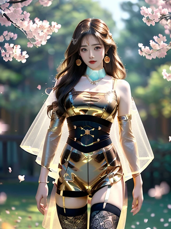 An Asian Chinese female model, Maple leaves background at night, (8K Ultra HD, Digital SLR Camera, Soft Light, high quality, Volumetric Lighting, frank, photo, high resolution, 4K, 8K, Bokeh), (Create stunning images of real girls, warm light, Dynamic poses, Elegant Posture, Cowboy lens, Full body front view, From the front，Be confident, Front of the body facing the camera, Standing posture facing the camera, Open your legs slightly, Golden Ratio Graphics, Minimalism), (Show a charming smile, Willow Leaf Eyebrows, big eyes, Apricot eye prick, Cherry Blossom, Balanced Eyes, Oval face, Pretty Face, Normal facial features, Skin is transparent and visible, Thin skin and tender meat, cosmetic, earrings, bracelet, necklace, Jewelry, veil, Hair accessories), (Brown hair, Wavy curly hairstyle, Waist-length hair, Messy Hairstyle, Gradient hairstyles, Cyberpunk hairstyle), (Transparent clothes：1.5, Beige clothes, Latex clothes，Clear latex tights, Transparent underwear), (Sexy, Perfect breast shape, Teardrop-shaped chest shape, Snow-white breasts, very detailed breasts, 34E cup), (Super high waist clothes, Waist hollow, Levain), (Black buds, Sheer lace knee socks, 吊garter, Leg ring, garter, 腿部garter)