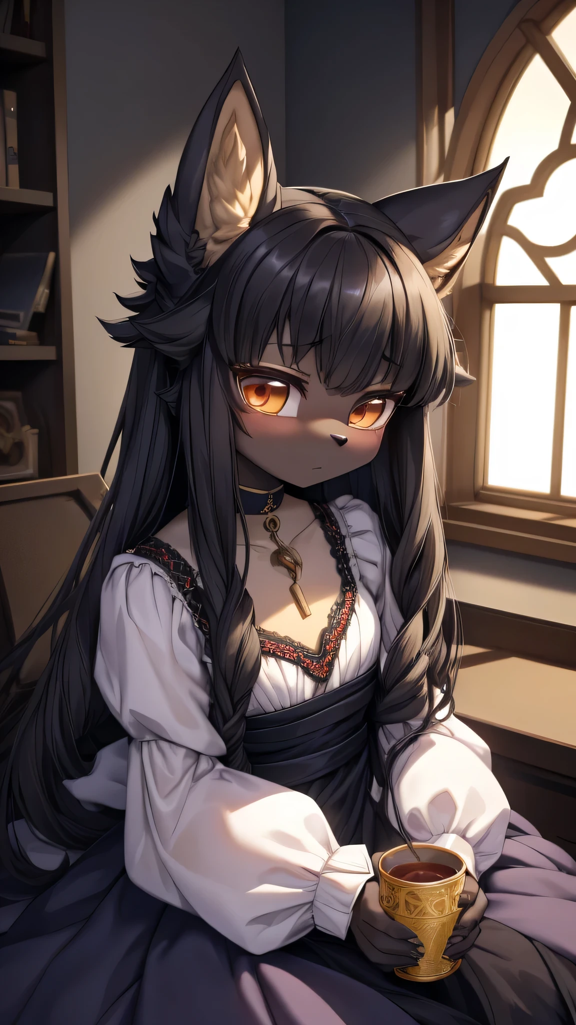 Wolf Girl，Black hair，Dark Skin，Dark skin，Black hair all over，furry，furry，hairy，hairy，cold expression，cold，cold，Three No，Three No Girl，Wolf ears，Wolf tail，Long hair，Long hair，Indifferent expression，Expression of ignoring，expressionless，Calm expression，No emotion expression，cold，loli，cute，Dress，晚Dress，noble style，Dress，Long sleeve dress，Indoor background，cute，Dress，Close-up above the waist，flat chest，flat chest，A Cup，Wolf ears，big ear，Dark Skin，Dark skin，noble，cool girl，Indoor background，Bedroom Background，Stained window glass，Soft Lighting，Black Dress，Dress，loli，little girl，Wolf Girl，furry，Anthropomorphic Wolf Girl，Female wolves，beast