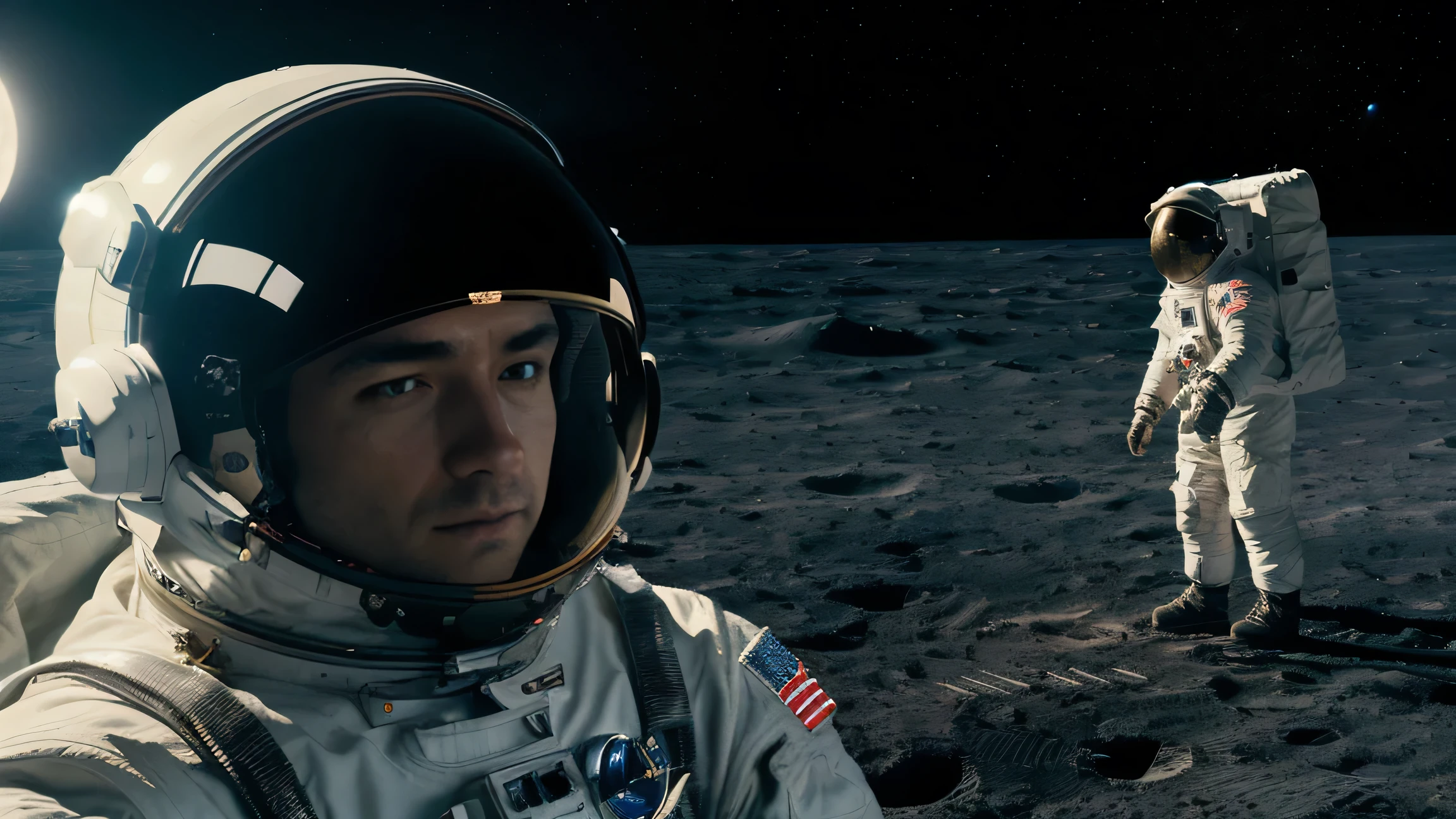 (masterpiece,top quality,high quality)), ((8K wallpaper unified with high definition CG)), Astronaut standing on the moon, portrait of an astronaut, astronaut portrait, futuristic astronaut, astronaut lost in liminal space, astronaut, detailed astronaut, modern helmet and space suit, Glass space helmet, 