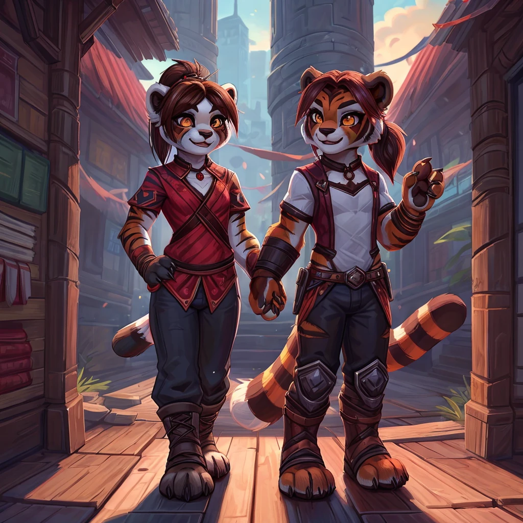 (4fingers), small_round_ears, small_panda_ears, pandaren, world_of_warcraft, furry, anthropomorphic, fluffy_tail, foxtail, cfemale, claws, red_panda, tiger_stripes, tiger_face, flat_chested,  teenager, amber_eyes, (pupils), (tiger_legs), black_left_foot, white_right_foot, (four_fingers), waist_long_ponytail, brown_hair, ((three_toes)), ((3toes)), ((detailed_eyes)), ((detailed_face)), detailed_hands, simple clothes, simple outfits, shirt, pants, boots, couple, height difference, civilian clothing,