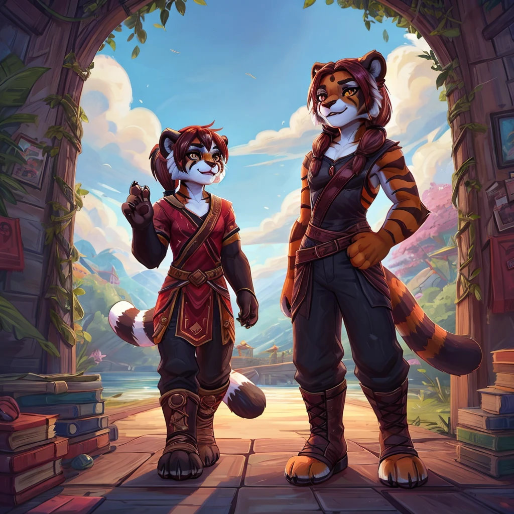 (4fingers), small_round_ears, small_panda_ears, pandaren, world_of_warcraft, furry, anthropomorphic, fluffy_tail, foxtail, cfemale, claws, red_panda, tiger_stripes, tiger_face, flat_chested, teen, teenager, amber_eyes, (pupils), (tiger_legs), black_left_foot, white_right_foot, (four_fingers), waist_long_ponytail, brown_hair, ((three_toes)), ((3toes)), ((detailed_eyes)), ((detailed_face)), detailed_hands, simple clothes, simple outfits, shirt, pants, boots, couple, height difference, civilian clothing,