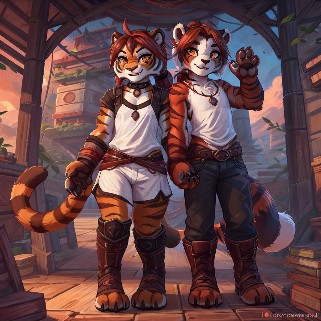 (4fingers), small_round_ears, small_panda_ears, pandaren, world_of_warcraft, furry, anthropomorphic, fluffy_tail, foxtail, cfemale, claws, red_panda, tiger_stripes, tiger_face, flat_chested,  teenager, amber_eyes, (pupils), (tiger_legs), black_left_foot, white_right_foot, (four_fingers), waist_long_ponytail, brown_hair, ((three_toes)), ((3toes)), ((detailed_eyes)), ((detailed_face)), detailed_hands, simple clothes, simple outfits, shirt, pants, boots, couple, height difference, civilian clothing,