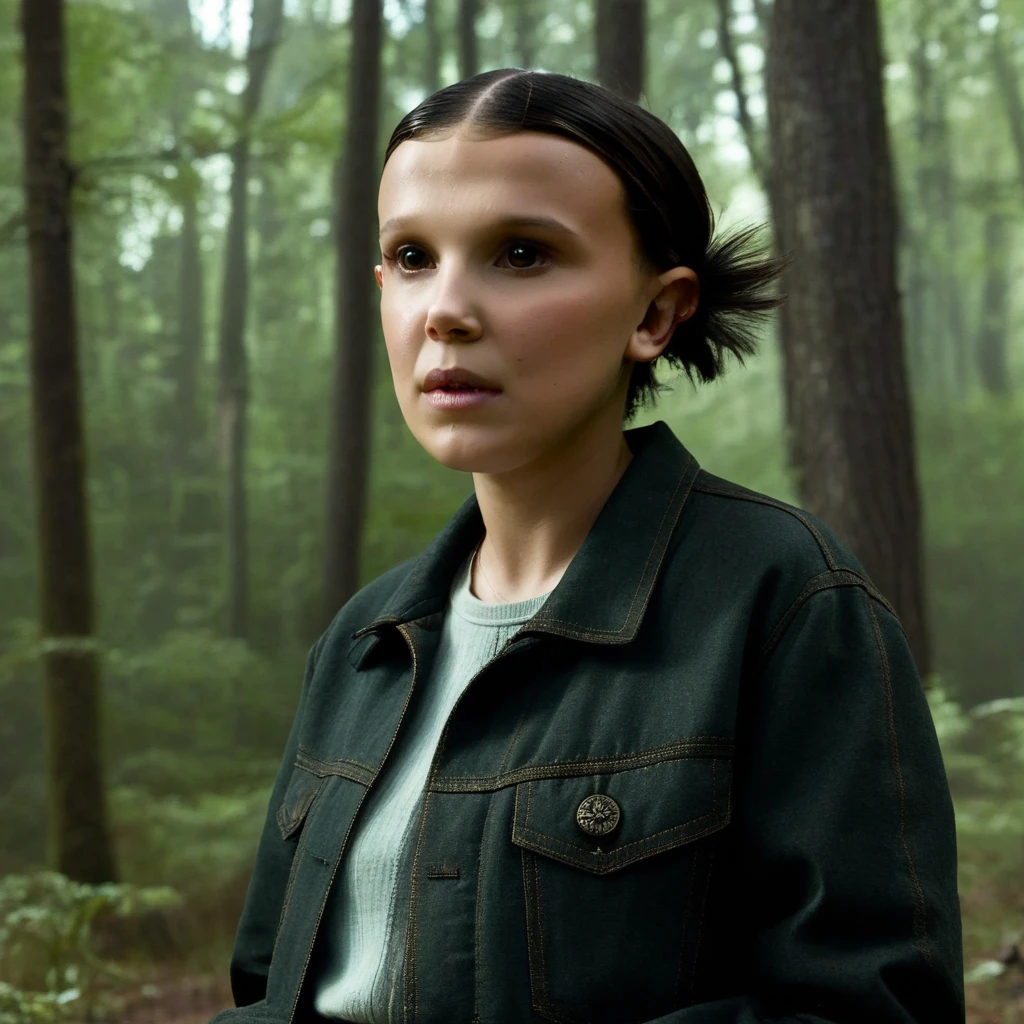 milli3 woman, millie bobby brown, netflix series, eleven, in a dark forest, front view, forest, horror