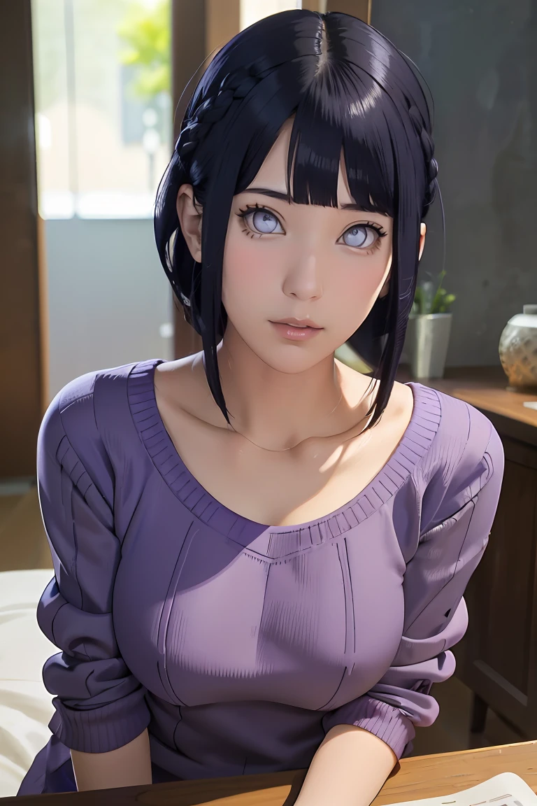 masterpiece， best quality， ultra-detailed， illustration，1girl，
， dark-blue hair， french braid， Purple eye， blunt bangs， cleavage,
，purple sweater
medium breasts， 
looking at viewer，hyuga/（Boruto/），Detailed lips