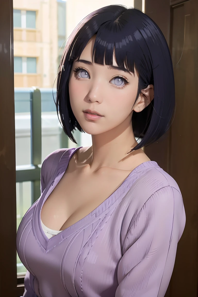 masterpiece， best quality， ultra-detailed， illustration，1girl，
， dark-blue hair， french braid， Purple eye， blunt bangs， cleavage,
，purple sweater
medium breasts， 
looking at viewer，hyuga/（Boruto/），Detailed lips