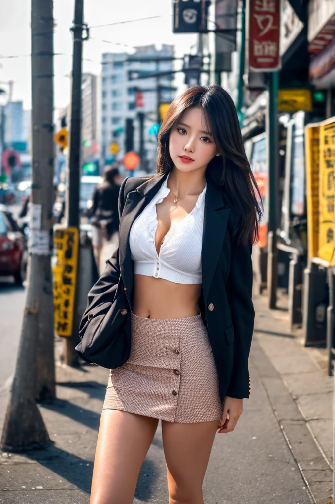 a 17 year old girl, she is the most beautiful actress in the world, the perfect body proportions of this girl, the skin of her upper body is 100% covered by shirt under blazer that is formally buttoned up on her waist, her large breasts are indirectly appealed it's bulge with unexposing it's skin, the panties between her bare legs are hardly covered by short skirt, only, she is standing at the city street, only one description of one body, it's from right above her head to right below her knees are within frame, all her body is looking forward to viewer, nsfw, best quality, highly detailed, masterpiece, ultra high res, photo realistic, 8k, RAW photo