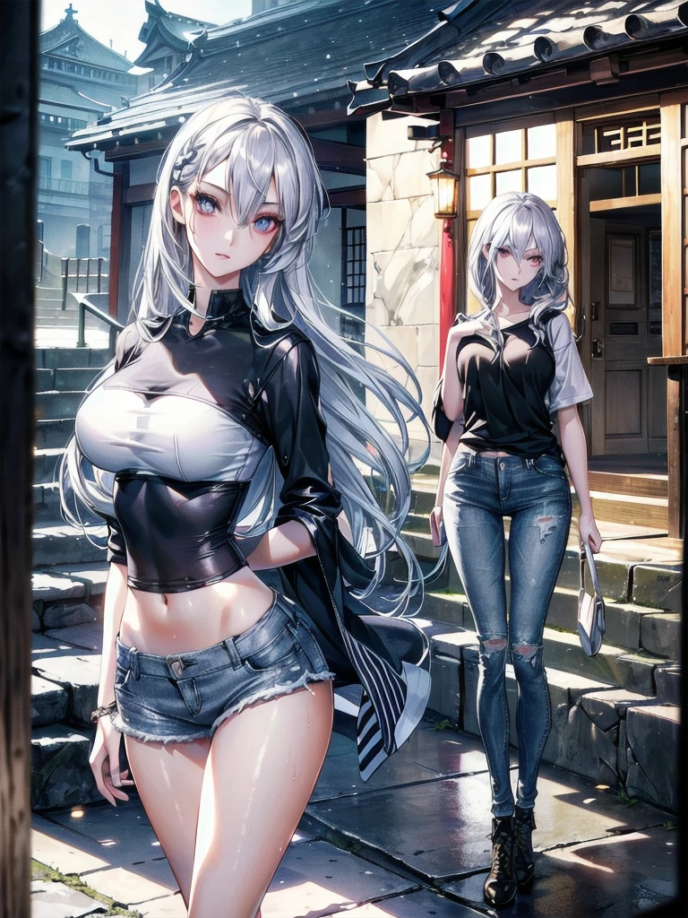 Silver hair ponytail, A dark-skinned woman in a black dress shirt and slim jeans is making a kebab burger。.　Showing your belly button　Alluring thighs