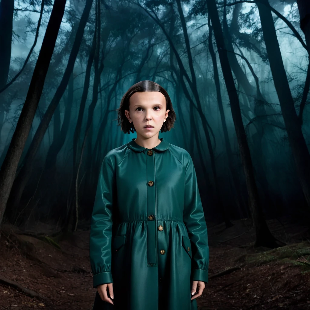 milli3 woman, millie bobby brown, netflix series, eleven, in a dark forest, front view, forest, horror