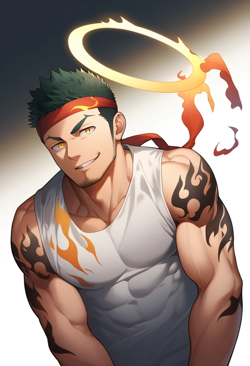 anime characters:Gyee, priapus, 1 young muscular man, male focus, Flame tattoo, sports Red headband, Creamy white spandex tight T-shirt, muscular male, muscular, only, Upper body, alone, Black short hair, stubble, Yellow eyes, White background, simple background, amazing quality, best aesthetics, Ridiculous, bright pupils, crew cut, naughty face, torogao, parted lips, best quality