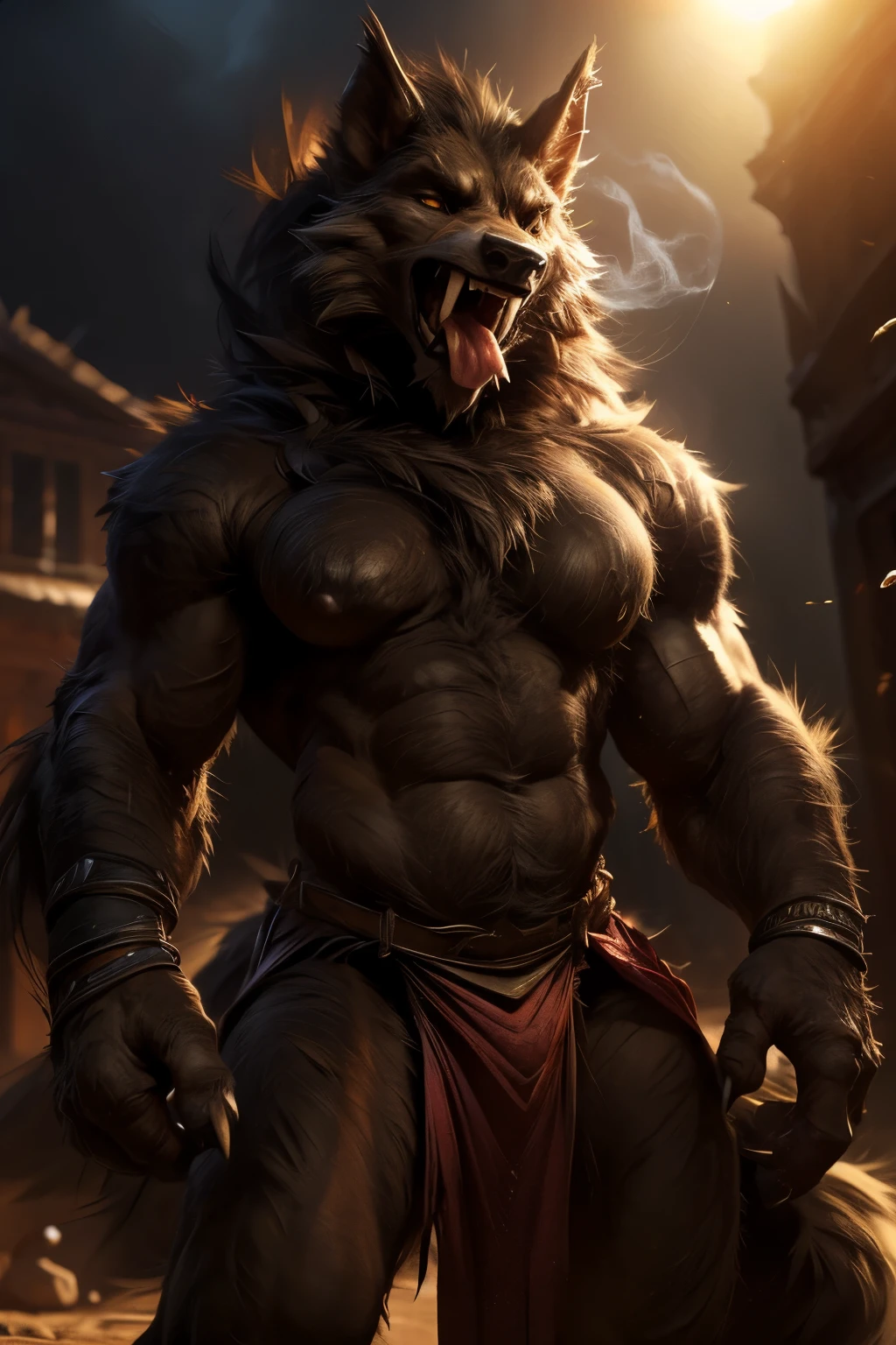 (by darkgem:1.4), masterpiece, best details, real life, depth of field, detailed background, (bright lighting:1.4), solo, (anthro), with bushy pubic hair and armpit hair, enjoyment, attitude, clear details, powerful, pleasure, self-pleasure, perfect hands, covered in fur, fangs, tongue, paws, claws, tail, ((anthro female werewolf:1.4), sexy girl woman, monster girl, femme, breasts), (musky, body odour:1.4), (ripped clothing, top, loincloth)