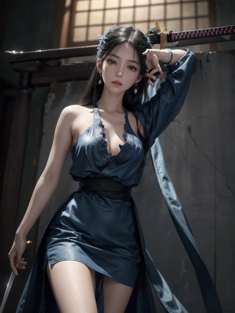 Black background、Professional Lighting、(((Professional Lighting 1.5)))、Translucent skin texture、Sheer skin、Beautiful Skin、、Off the shoulder、Navy Blue Dress、See-through 1.3、Dynamic Poses、