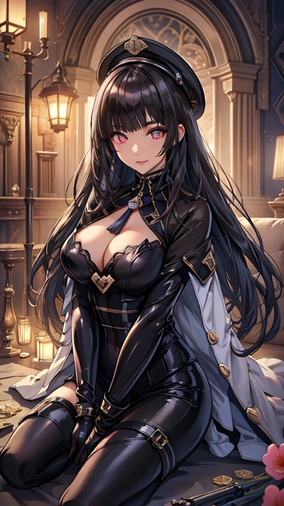 (Highest quality:1.2, artwork, Very detailed, expensiveディテール, digital coloring, High Contrast, masterpiece:1.2, Highest quality, Best aesthetics), 8K,masterpiece, cute,expensive,beautiful,Highest quality, 1 Female,Black Hair,Long Hair,Hollow Eyes, (finely detailed empty pupils and Detailed face),,,,Very detailedな CG ユニティ 8K 壁紙,alone,(Latex military costume:0.9),Large Breasts,Captivating smile,military hat,latex thigh high,Large Breasts,Black Hair,Pink Eyes,Pink leotard,pantyhose,Military coat,Patent leather suit,Glossy lips,Sitting,Bust Shot,Sadistic smile,,all,Shiny skin,Military coat,Detailed face,beautiful body,whole body,Adult,whole body油まみれで光沢感がある　whole bodyから湯気が出ている　Steam like a sauna room fills the entire screen.　White breath from the mouth