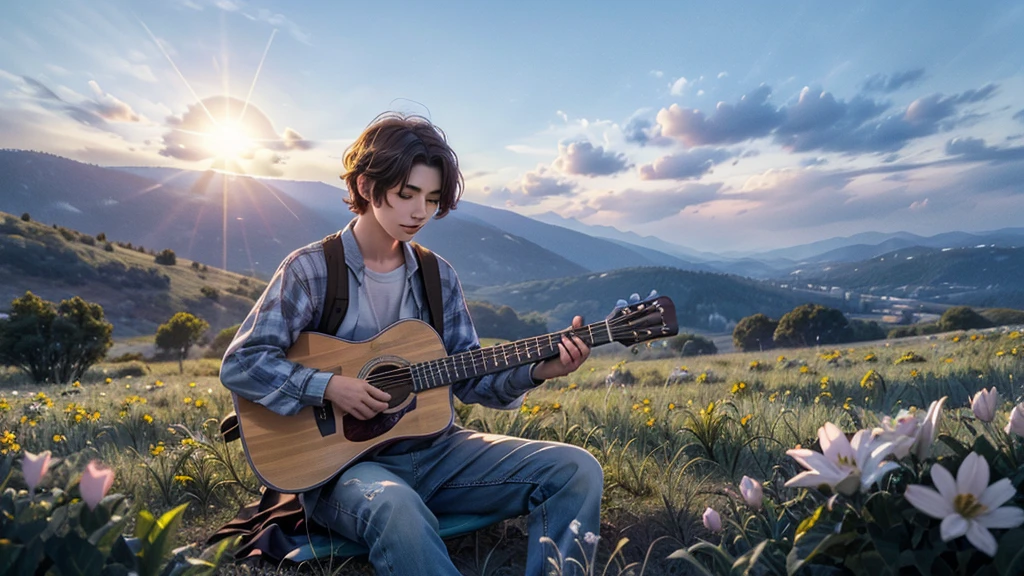 A Young Man playing guitar setting on right edge beautiful mountain Sun rising flowers butterfly Sky trees birds dreamy nature 