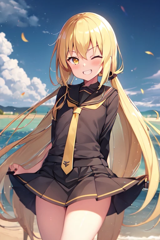 1girl, satsuki, kantaicollection, serafuku, blonde_hair, long_hair, yellow_eyes, serafuku, smile, crescent_pin, (flat chest), open_mouth, one eye closed,, outdoor, grin,necktie, (masterpiece), high resolution, 8k, best quality
