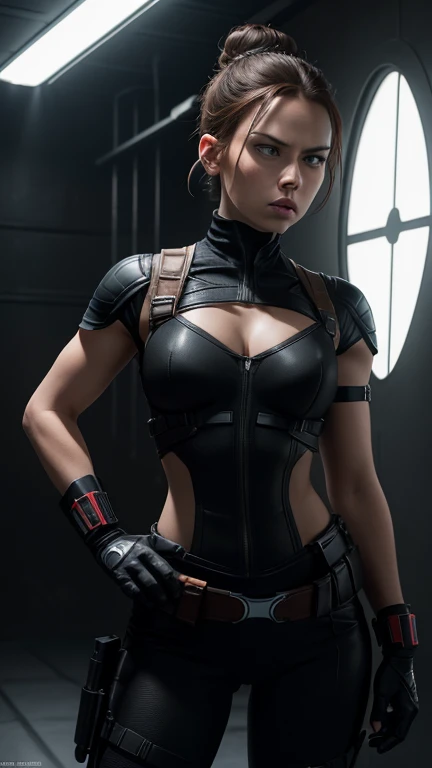 Daisy Ridley as Black Widow, ((Masterpiece)); ((Natural Beauty)); ((Ultrarealistic hazel eyes)); both eyes are similar; ((Ultrarealistic fair white skin)); ((Ultrarealistic small breasts A cup)); Deep Cleavage; ((Ultrarealistic brown short  bun haircut hairstyle)); slim athletic body; ((Ultrarealistic round Asscheeks)); ((Ultrarealistic widow bite black gloves)); ((Ultrarealistic black widow utility belt)); black and red tactical vest; Bright Red stripe accents on the side of the suit; Short sleeve; looking at the viewer;  
She stands with her feet shoulder-width apart, one hand on her hip and the other resting on a weapon holstered at her side. Her short hair is slicked back, and she has an intense, intimidating stare that shows she means business.