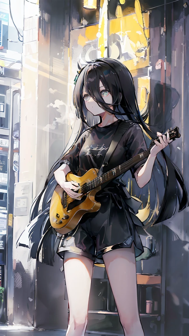 masterpiece, Highest quality, High resolution, Very detailed,(((Manhattan Cafe with a guitar))), (((Black T-shirt))), Black shorts